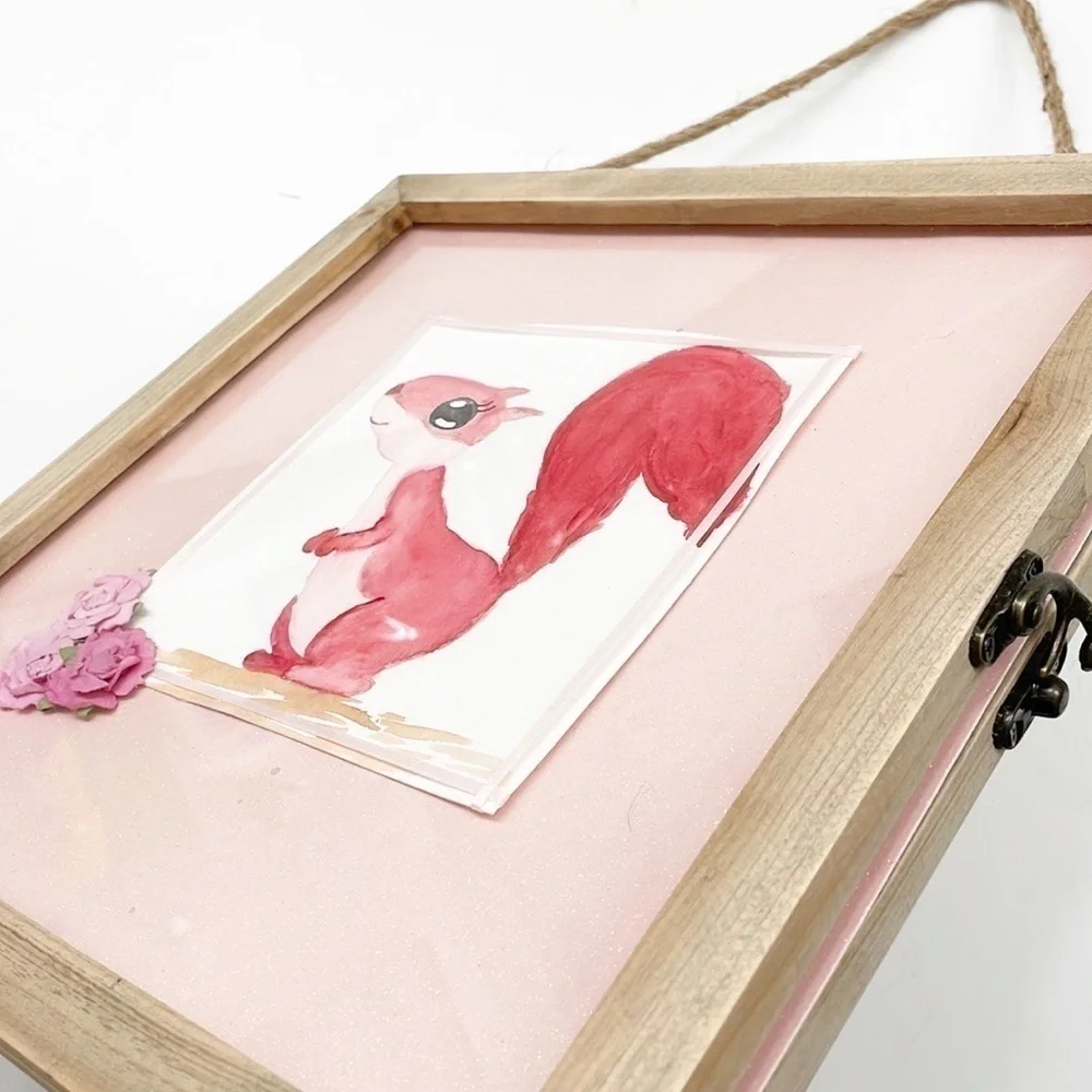 Watercolor squirrel glass/wooden shadowbox nursery wall decor